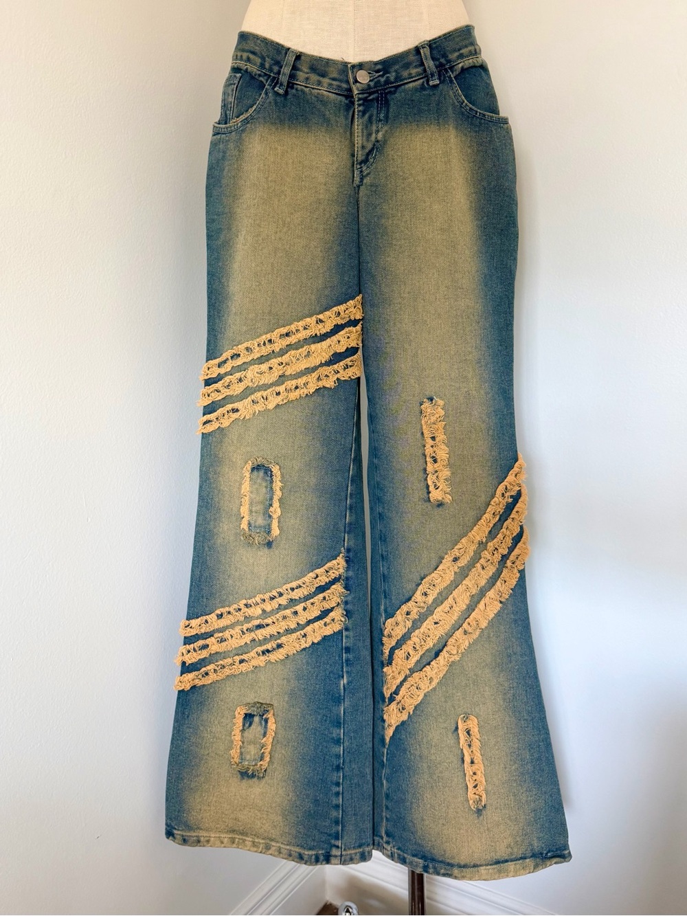 Dulluky vintage Wide Leg Distressed Lace-Trim Jeans